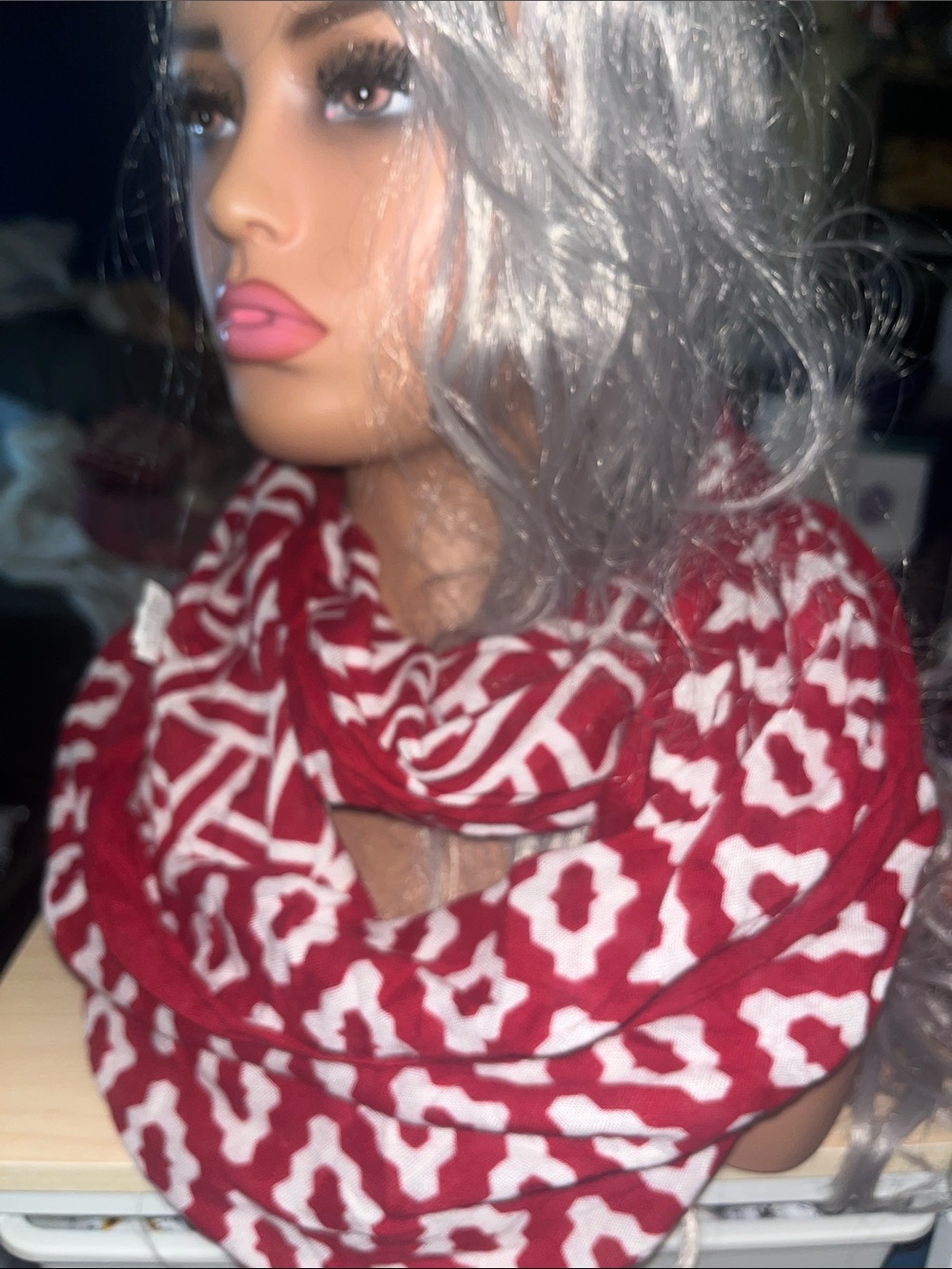 Mud Pie Red and White Patterned Infinity Scarf S66